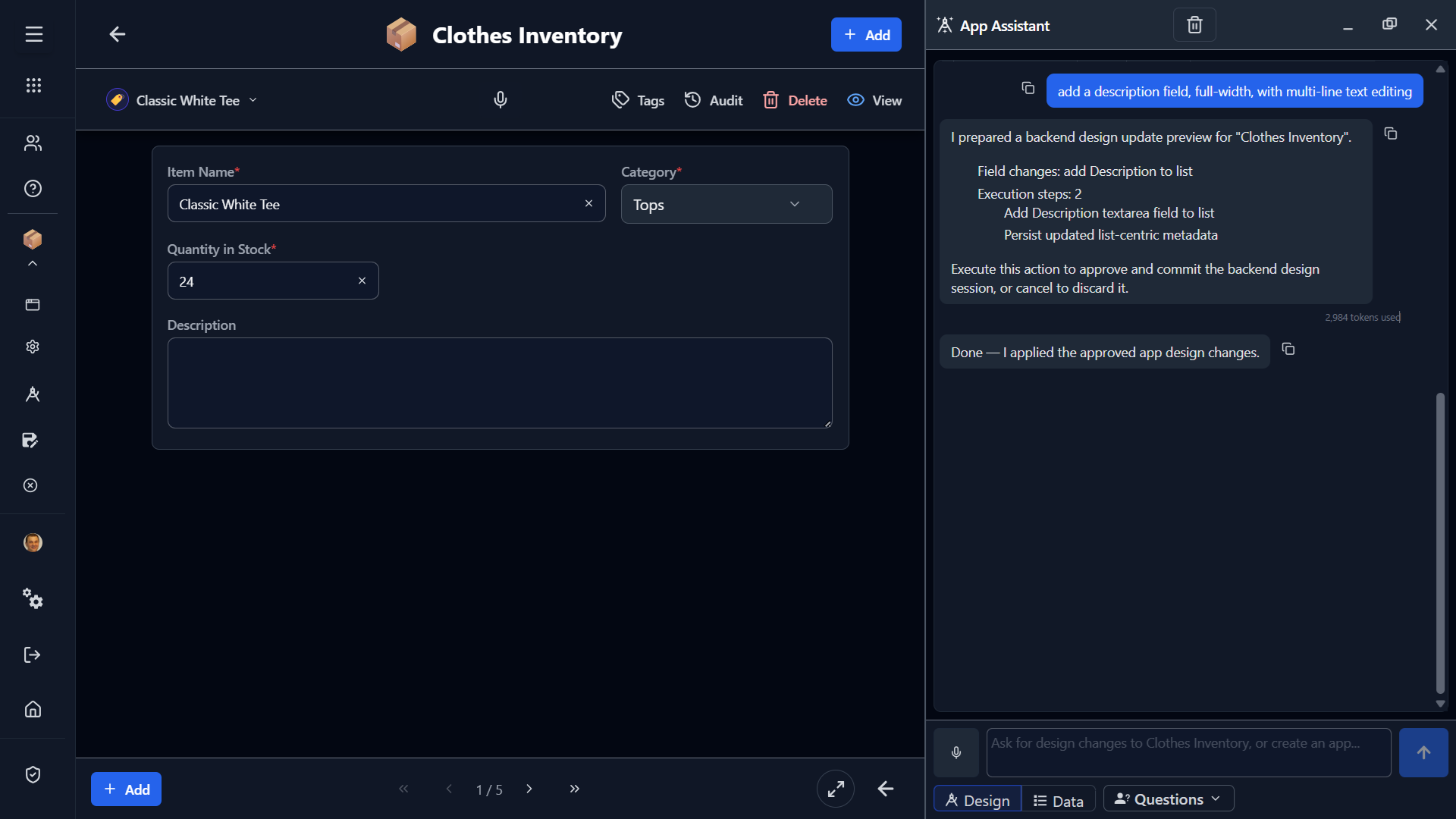 AI App Assistant adding a field to an app