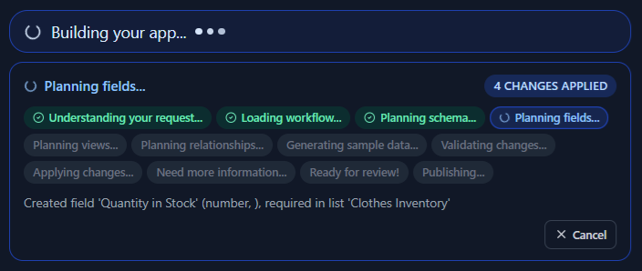 App Assistant building an app from a prompt