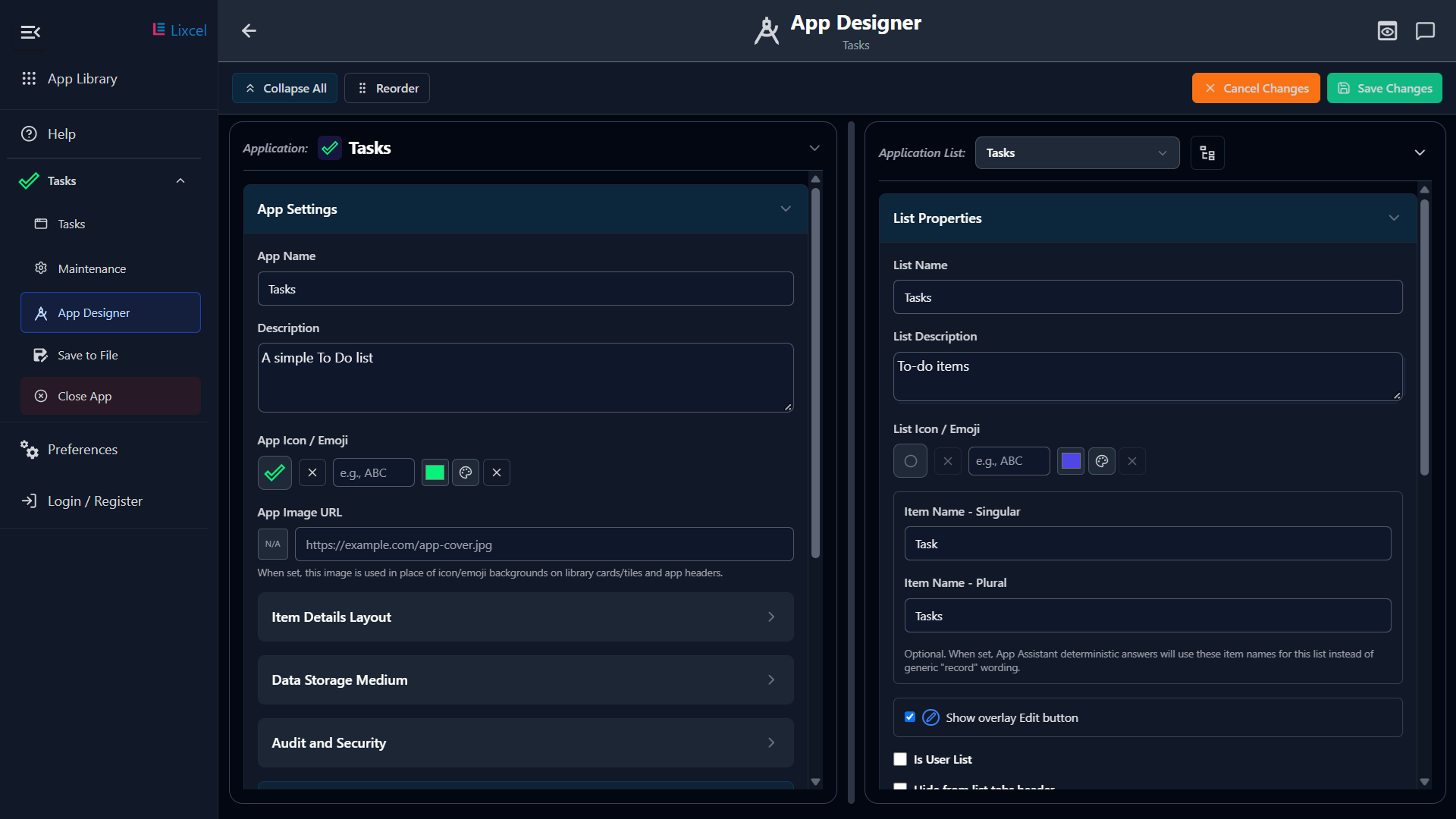 Lixcel app designer properties