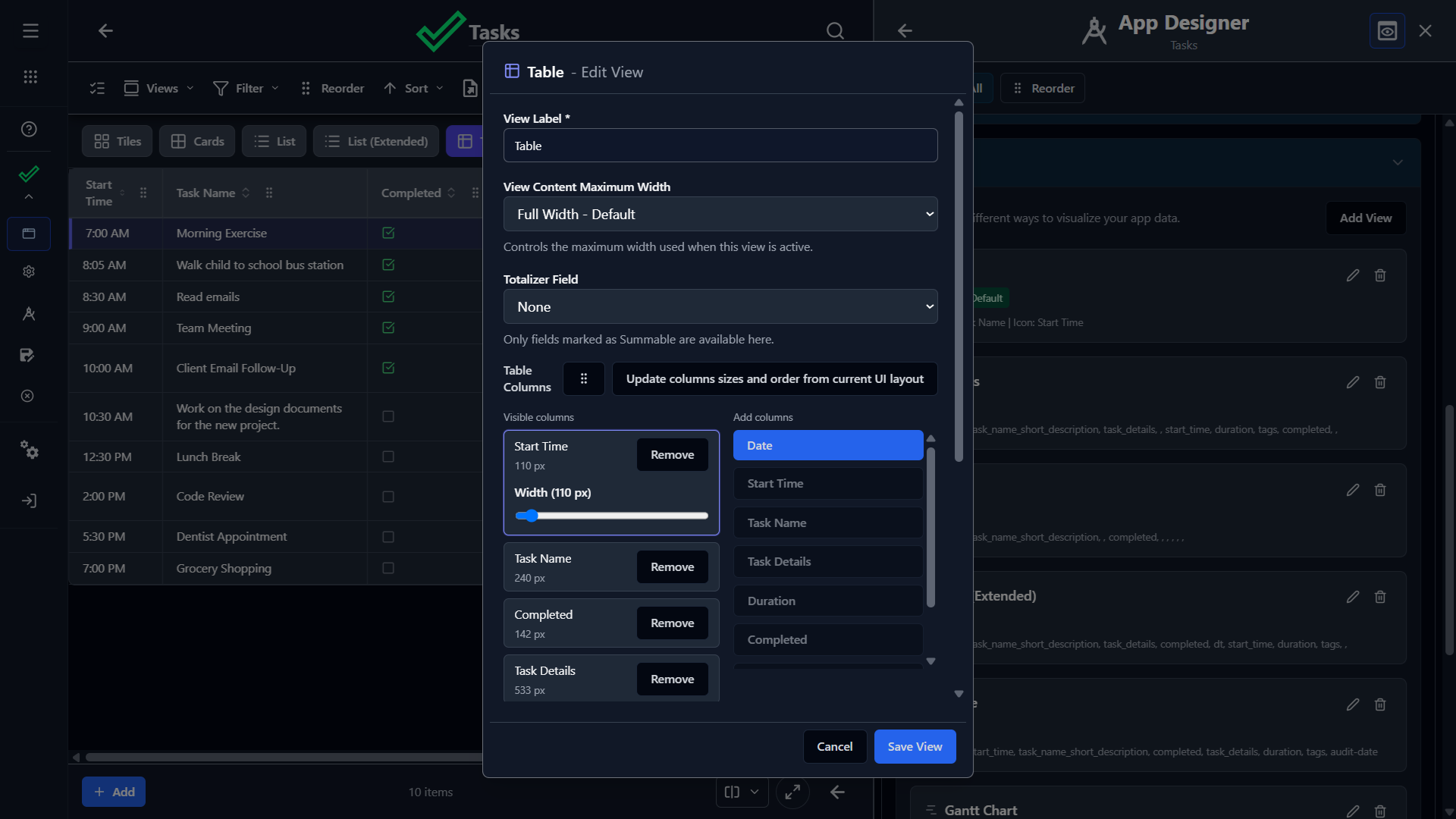 Lixcel app designer view editor