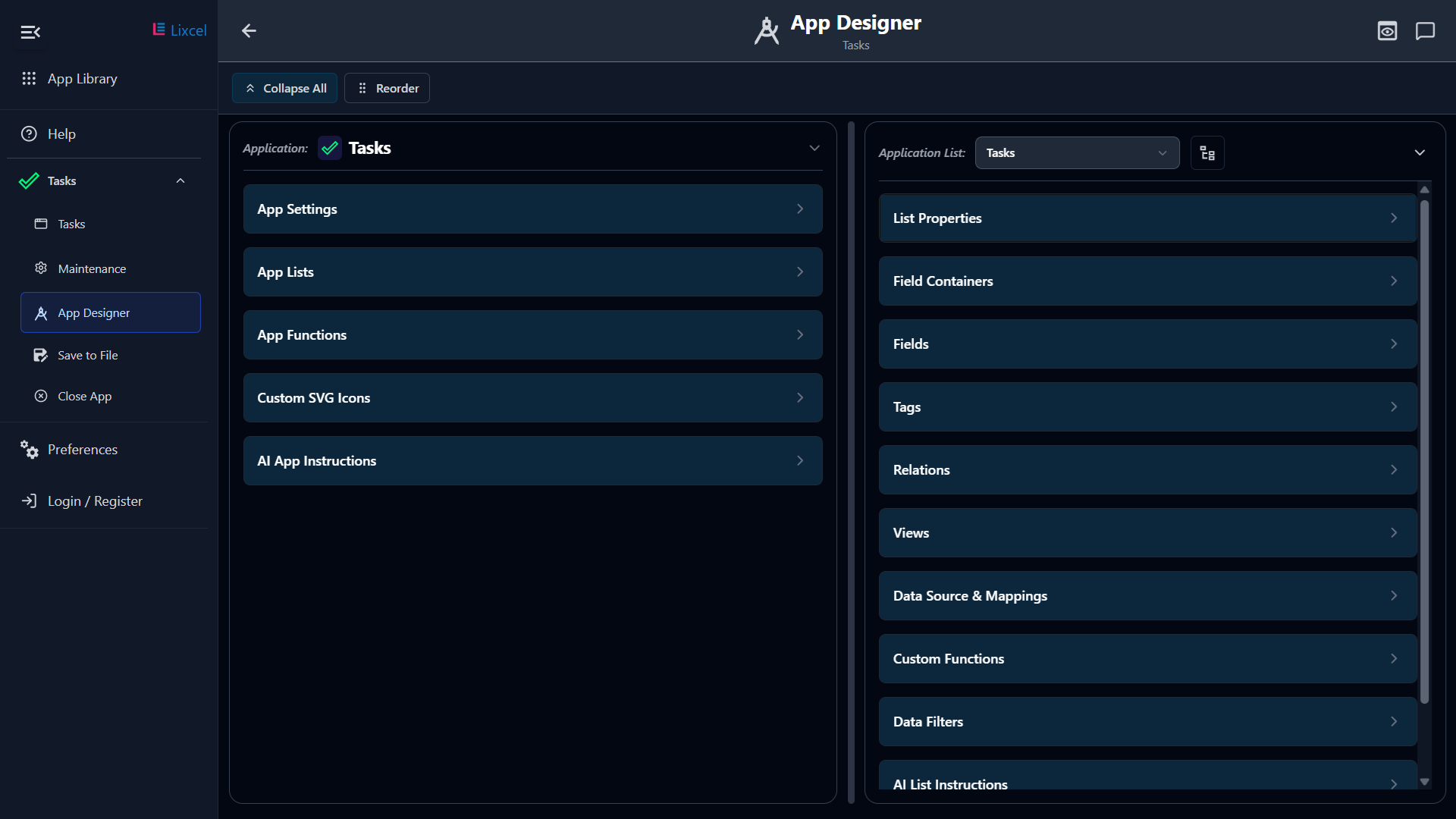 Lixcel app designer