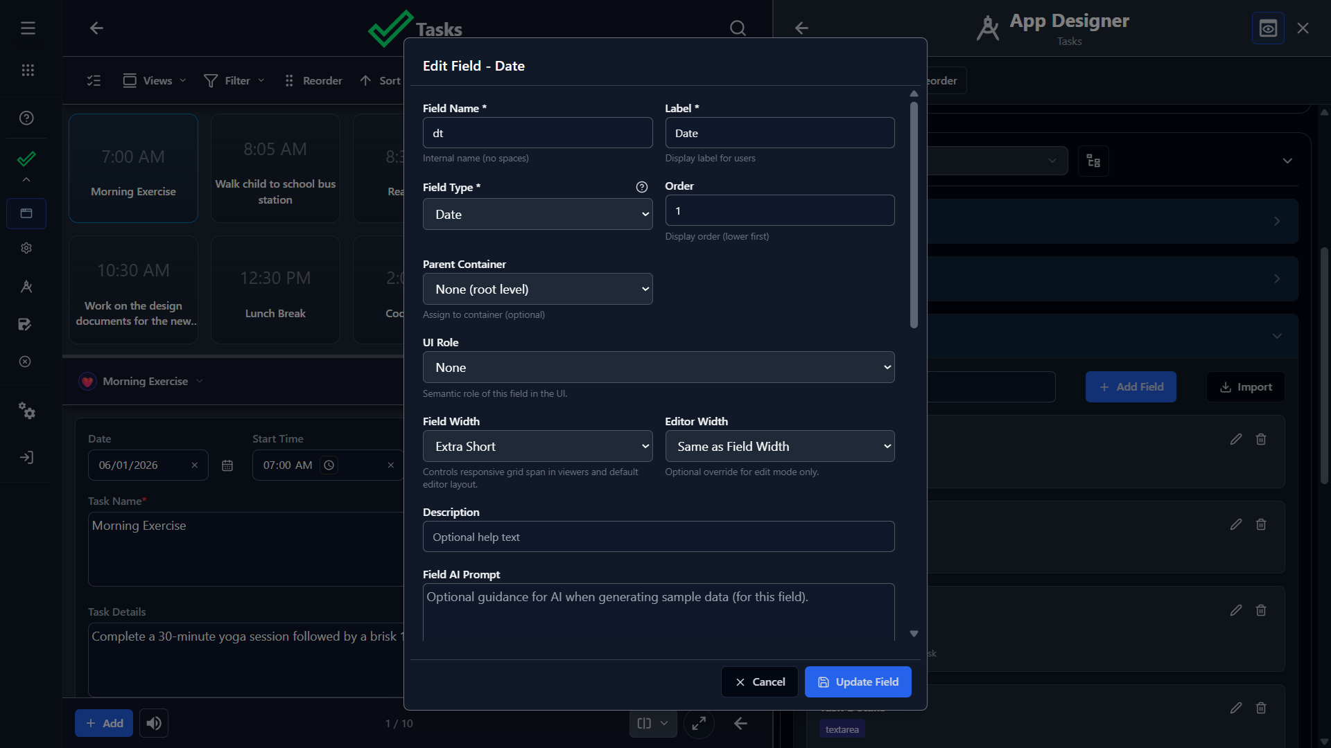 Lixcel app designer field editor